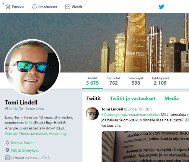 Tomi Lindell (@Linde_To) twiittailee Osakesijoittajan maailmanvalloituksesta. Tomi Lindell (@Linde_To) twiittailee Osakesijoittajan maailmanvalloituksesta